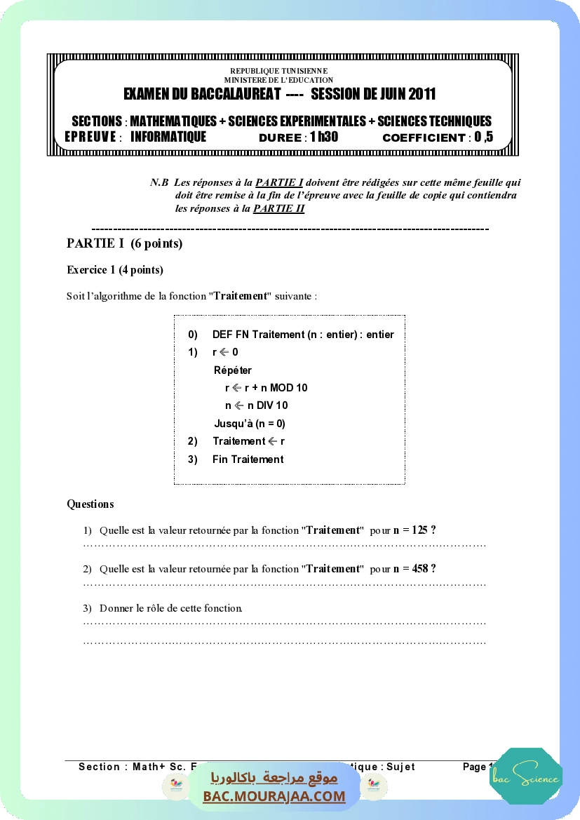 Sujet principale info Bac 2011 – Section science